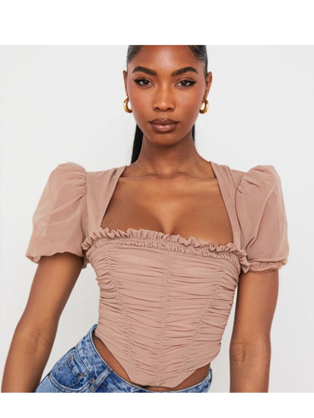 House of CB Nora light brown ruched mesh with sheer Puff Sleeve Top
